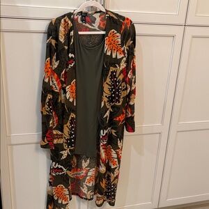 G.I.L.I. Red and Olive Leaf Print cardigan with Olive tank top L